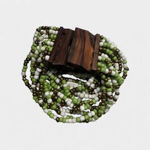 Vintage Green & White Beaded Brown Wooden Clasp Chunky Layered Bracelet